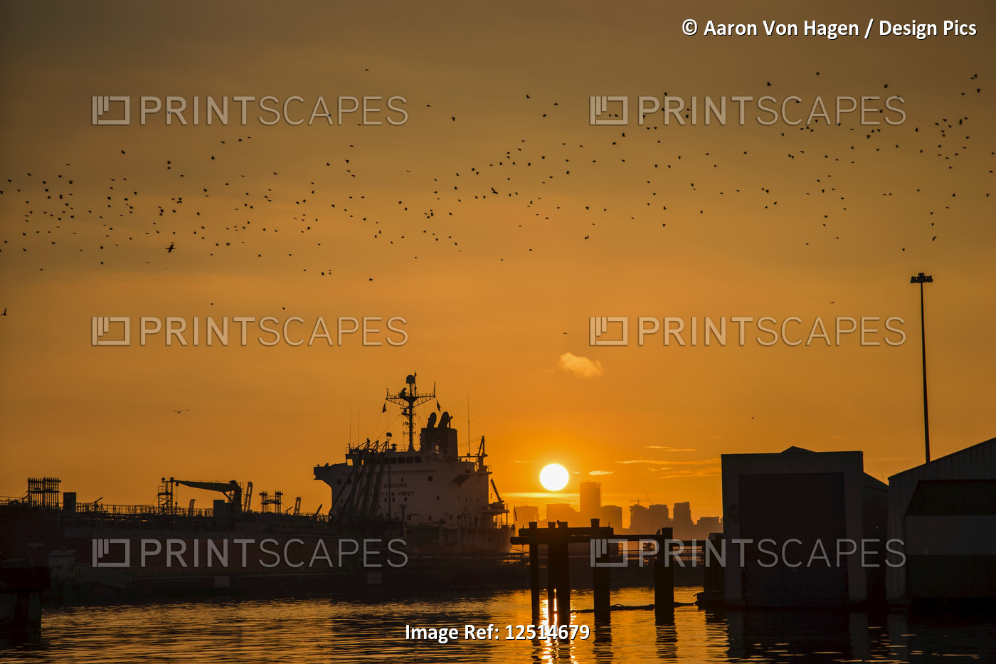 An orange hue is set over Vancouver as the golden sun sets with a silhouette of ...